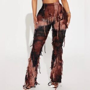 Fashion Nova Distressed Flare Pants in Brown and Black